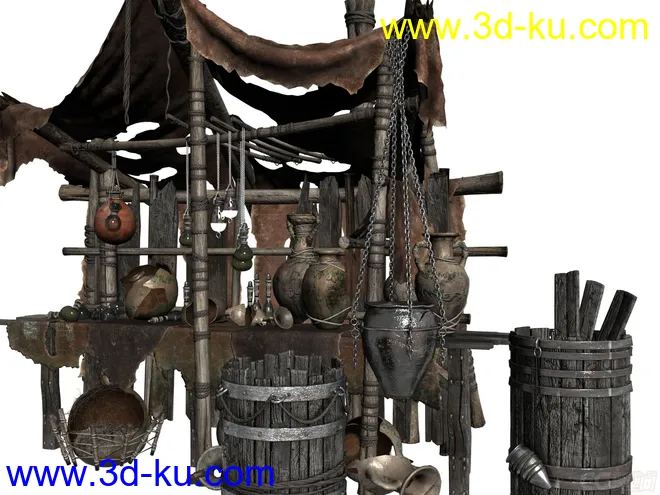 古代战争场景，废墟场景，破烂场景，木桶，布条，灯泡，坛子，铁链子。模型的图片1