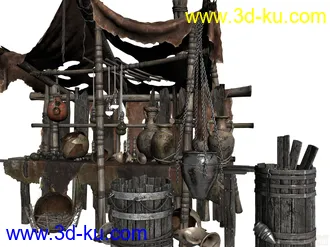 3D打印模型古代战争场景，废墟场景，破烂场景，木桶，布条，灯泡，坛子，铁链子。的图片