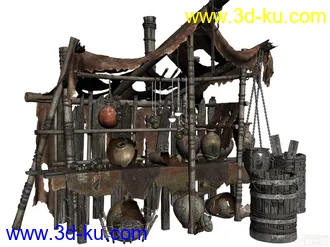 3D打印模型古代战争场景，废墟场景，破烂场景，木桶，布条，灯泡，坛子，铁链子。的图片