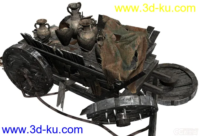 破损的战争场景，古代木头战车，古战争车，坛子,破碎的罐子，装备过的木车轮胎。模型的图片2
