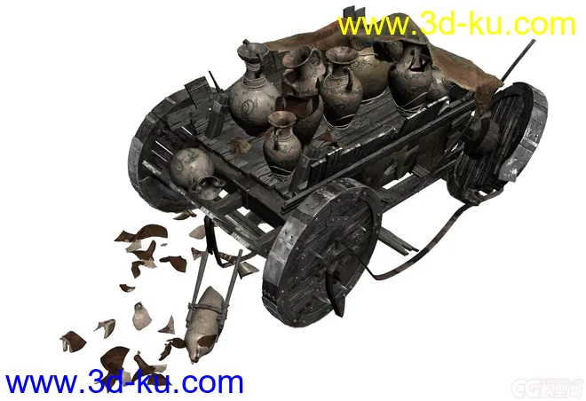 破损的战争场景，古代木头战车，古战争车，坛子,破碎的罐子，装备过的木车轮胎。模型的图片4