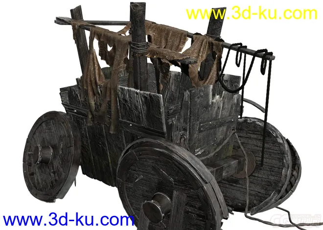 超精细的古代木头战车，古战争时期的车，装备过的木车轮胎。模型的图片1
