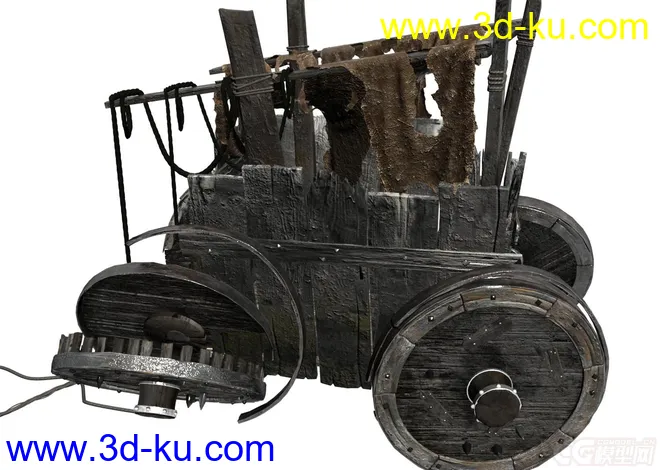 超精细的古代木头战车，古战争时期的车，装备过的木车轮胎。模型的图片2
