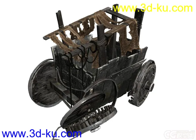 超精细的古代木头战车，古战争时期的车，装备过的木车轮胎。模型的图片3