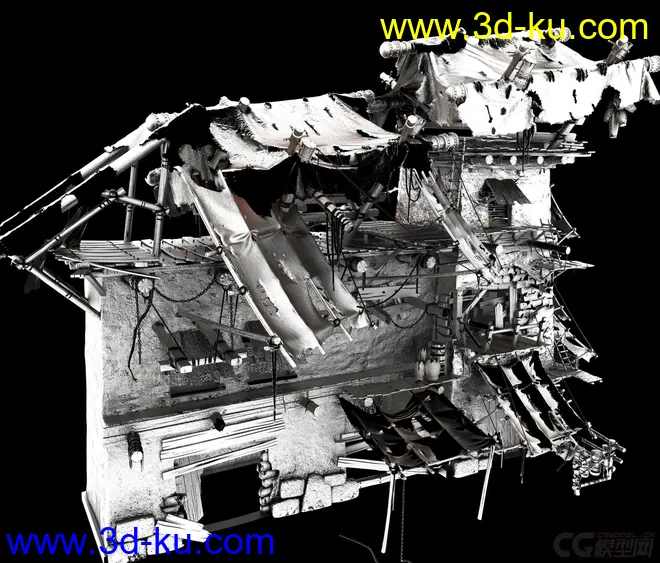 破损的战争场景，烧毁的房子，倒塌的房屋，砖，木屋，木桶，石头墙，废墟场景模型的图片1