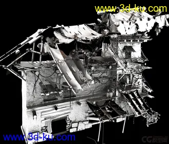 3D打印模型破损的战争场景，烧毁的房子，倒塌的房屋，砖，木屋，木桶，石头墙，废墟场景的图片
