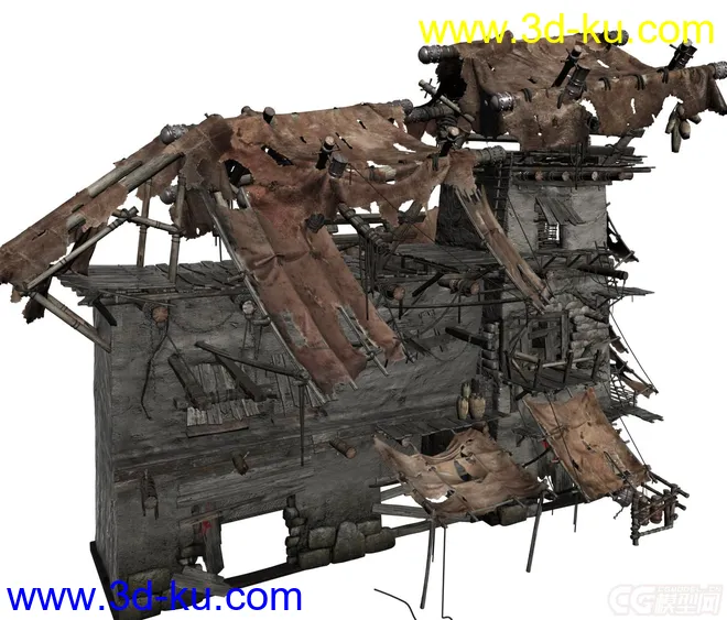 破损的战争场景，烧毁的房子，倒塌的房屋，砖，木屋，木桶，石头墙，废墟场景模型的图片2