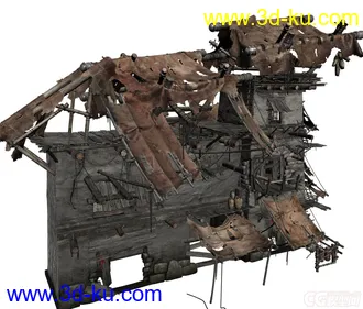 3D打印模型破损的战争场景，烧毁的房子，倒塌的房屋，砖，木屋，木桶，石头墙，废墟场景的图片