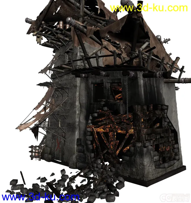 破损的战争场景，烧毁的房子，倒塌的房屋，砖，木屋，木桶，石头墙，废墟场景模型的图片3