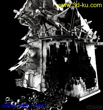 3D打印模型破损的战争场景，烧毁的房子，倒塌的房屋，砖，木屋，木桶，石头墙，废墟场景的图片