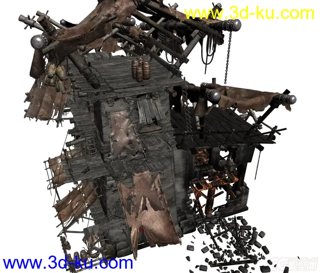 破损的战争场景，烧毁的房子，倒塌的房屋，砖，木屋，木桶，石头墙，废墟场景模型的图片5