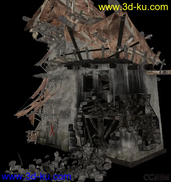 破损的战争场景，烧毁的房子，倒塌的房屋，砖，木屋，木桶，石头墙，废墟场景模型的图片6