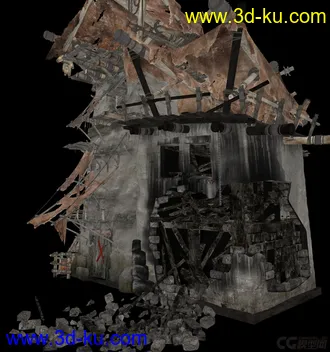 3D打印模型破损的战争场景，烧毁的房子，倒塌的房屋，砖，木屋，木桶，石头墙，废墟场景的图片