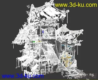 3D打印模型破损的战争场景，烧毁的房子，倒塌的房屋，砖，木屋，木桶，石头墙，废墟场景的图片