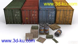 3D打印模型集装箱 油桶 木箱 木板 货轮道具 写实集装箱的图片