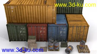 3D打印模型集装箱 油桶 木箱 木板 货轮道具 写实集装箱的图片