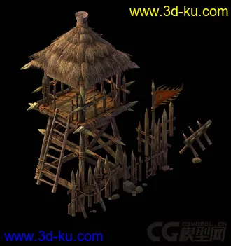 3D打印模型茅草屋，木哨塔，木亭子的图片