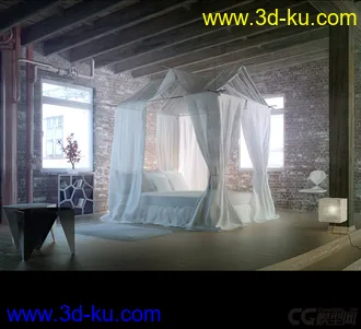 3D打印模型漂亮的别墅卧室内景，吊床，艺术空间装饰风格内室的图片