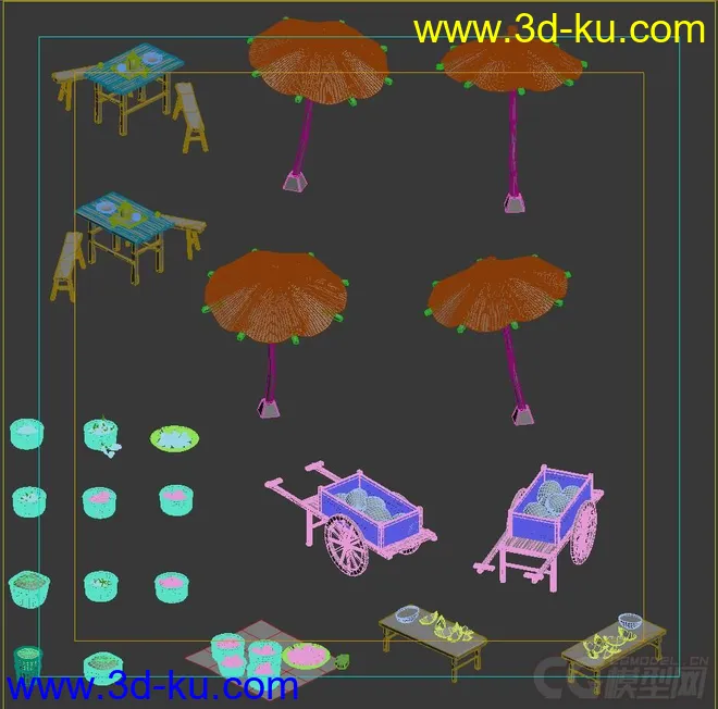 桌子 帐篷 手推车 杂物 果篮 筐模型的图片2