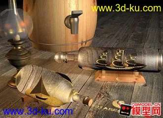 葡萄酒桶-酒瓶3D模型的图片