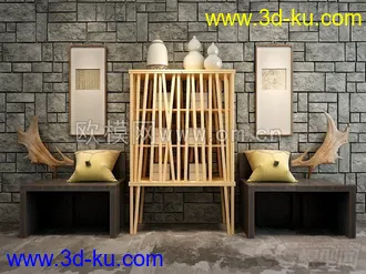 3D打印模型新中式木雕羊角椅子柜子组合的图片