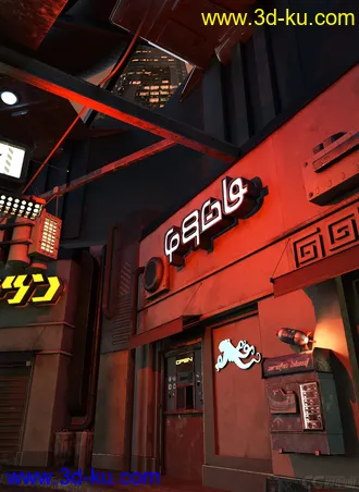 3D打印模型Sci-Fi Black Market Alley科幻黑市巷街道建筑，路灯,商店的图片