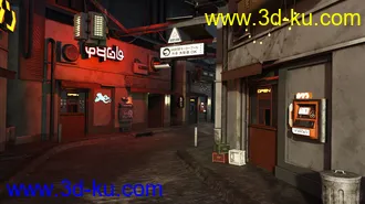 3D打印模型Sci-Fi Black Market Alley科幻黑市巷街道建筑，路灯,商店的图片