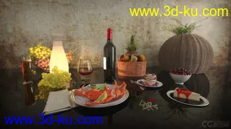 3D打印模型桌面_螃蟹_红酒_葡萄_樱桃_甜点_饮品_拼盘_水果_写实的图片