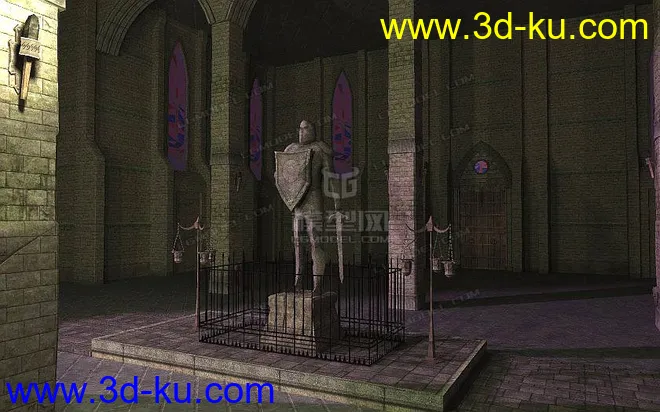 中世纪室内建筑套件模型 祭台 骑士石像 墙壁石柱 烛台的图片6