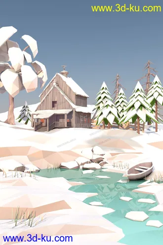 3D打印模型lowpoly 冬季森林木屋 雪景的图片