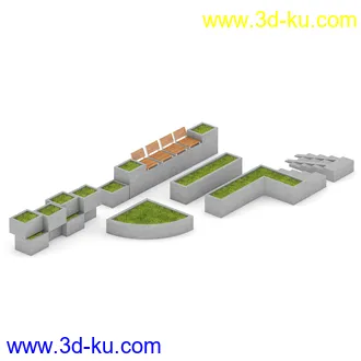 街道设备,街道设施,长椅,阻隔栏,垃圾桶,消防栓,路灯,施工标志,红绿灯,公共电话亭,候车亭,交通标志,加油站,道路,铁轨,高架桥,草坪,沙井盖等模型30个的图片