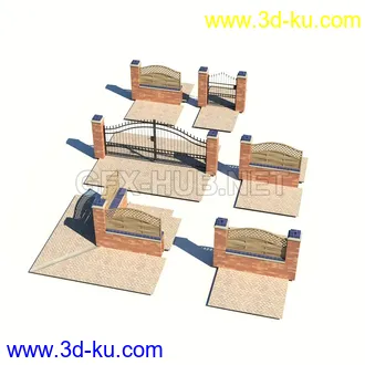 栅栏,围栏,长椅,围墙,石亭,小桥,护栏,亭子,隔离草坪,木椅等模型合集的图片48