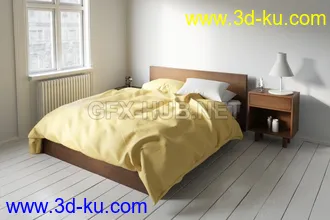 床,被子,枕头,床头柜,卧室场景等双人床模型合集的图片4