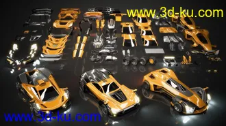 超级跑车模型,汽车部件,汽车零件,轮胎,引擎,尾翼,座椅,挡泥板,车身等模型的图片