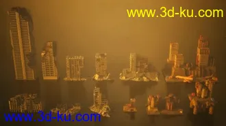 倒塌废墟楼房建筑模型,废弃城市建筑模型的图片