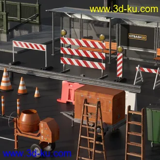 交通设施模型,公共设施模型,街道设施,路牌,交通灯,垃圾箱,围栏,候车停等模型的图片