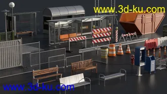 交通设施模型,公共设施模型,街道设施,路牌,交通灯,垃圾箱,围栏,候车停等模型的图片