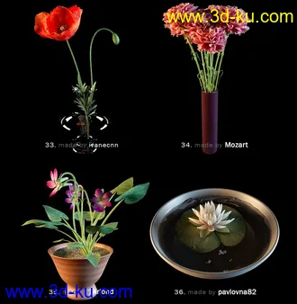 鲜花模型合集,盆栽,花盆,蒲公英,仙人球,菊花,玫瑰,百合等花模型36个的图片2