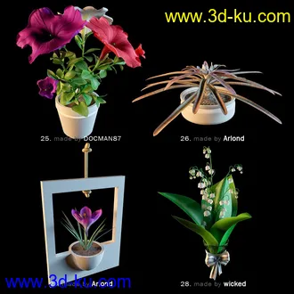 鲜花模型合集,盆栽,花盆,蒲公英,仙人球,菊花,玫瑰,百合等花模型36个的图片3