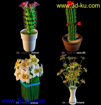 鲜花模型合集,盆栽,花盆,蒲公英,仙人球,菊花,玫瑰,百合等花模型36个的图片10