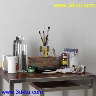 画笔,颜料,塑料瓶,花瓶,茶壶,茶杯,花,铁盒,蜡烛,酒瓶,洋酒,室内物品模型合集的图片