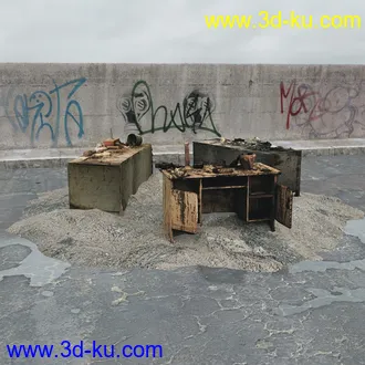 垃圾堆,生锈的铁桶,旧帆布,旧桌子,废弃的桌椅,废弃的汽车,变形的旧汽车,推土机,泥沙,模型合集的图片