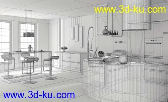 厨房模型,厨房场景,开放式厨房,餐具,餐桌,餐厅场景,3D模型的图片