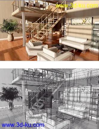 复式客厅模型,楼梯模型,沙发模型,别墅客厅模型,3D模型的图片