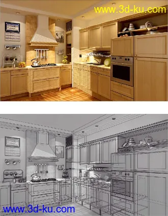 厨房模型,厨房场景,厨柜,厨具,3D模型的图片