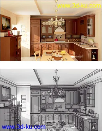 厨房模型,厨房场景,厨柜,厨具,餐桌,3D模型的图片