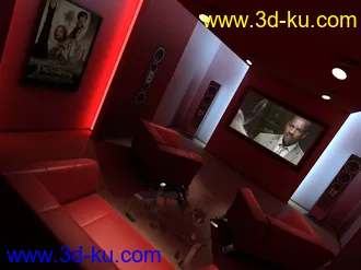 私人影院场景,放映室模型,音响,沙发,电视,玻璃桌子,3D模型的图片