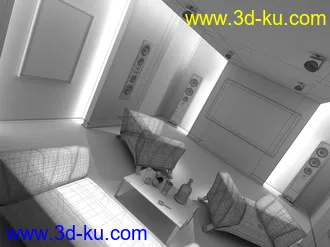 私人影院场景,放映室模型,音响,沙发,电视,玻璃桌子,3D模型的图片