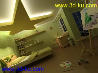 卧室模型,卧室场景,床,书架,天花,画板,盆栽,垃圾桶,书桌,3D模型的图片