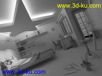 卧室模型,卧室场景,床,书架,天花,画板,盆栽,垃圾桶,书桌,3D模型的图片